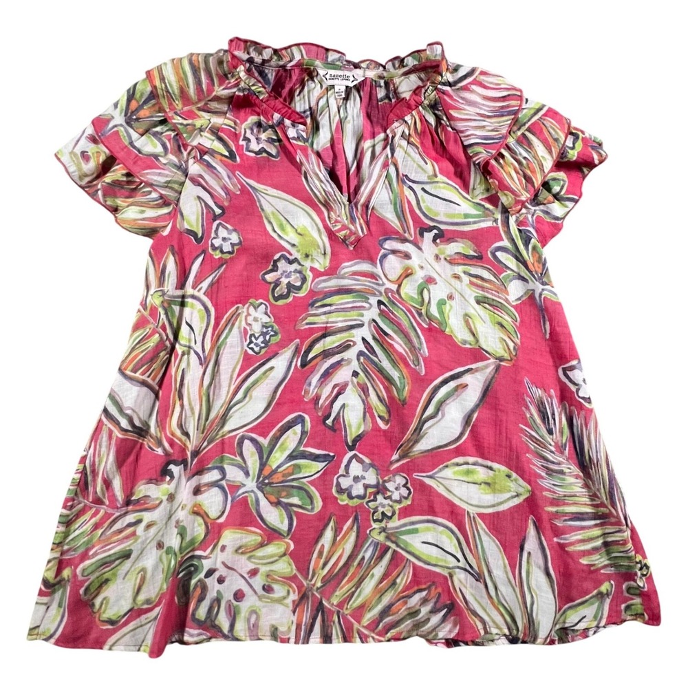 Nanette Lepore Blouse Women S Pink Multi Tropical Floral Flutter Sleeve V-Neck
